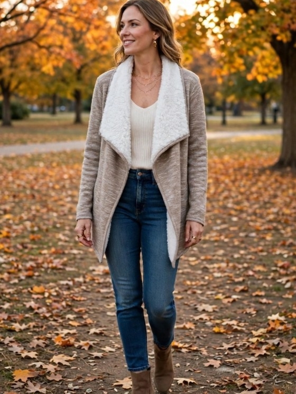 GreenTea Taupe Knit Cardigan with Cream Sherpa Lining